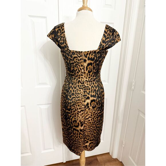 Tadashi Tan Black Leopard Ruched Square Neck Cap Sleeve Sheath Dress Size 8 - Picture 3 of 6